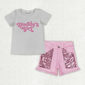 GSSO3758 RTS Ensemble d'été pour petite fille active, haut de yoga rose vif uni, imprimé, tenue en jean à sequins, vente en gros, ensemble short et haut à manches courtes pour enfant - Product Image 5