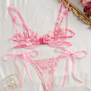 Wholesale Floral Embroidery Lingerie Set Sexy Sheer Mesh Underwire <b>Bra</b> and Tie Side Thong Panties Set 2 Piece Lace Sexy <b>Bra</b> Set - Product Image 2