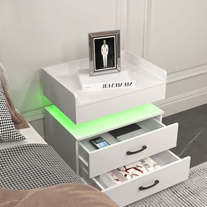 โต๊ะข้างเตียงพร้อมไฟ LED แบบแถบ 2 ลิ้นชัก เฟอร์นิเจอร์ห้องนอนทันสมัยสำหรับอพาร์ทเมนต์และบ้าน - Product Image 5