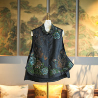 Gilet asymétrique polyvalent en tissu de soie Xiangyun noir, sans manches, richement brodé, pour femme, 7847
