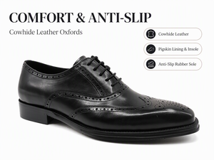 <b>Black</b> Genuine Leather Wingtip <b>Brogue</b> Oxfords for <b>Men</b> Lace Up Dress <b>Shoes</b> Round Toe Anti Odor Casual Office Career Business Party - Product Image 1