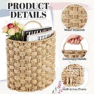 Woven Straw <b>Storage</b> Basket Round <b>Wall</b> Mounted <b>Hanging</b> Organizer For Office Books Envelopes - Product Image 2