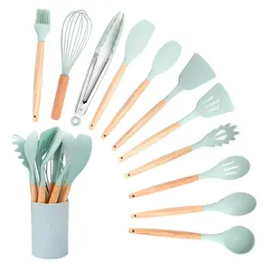 C60 Hot Bán KitchenAid đồ dùng Set 12 miếng trong 1 Đồ dùng nấu ăn Set Silicone đồ dùng công cụ nấu ăn với tay cầm bằng gỗ