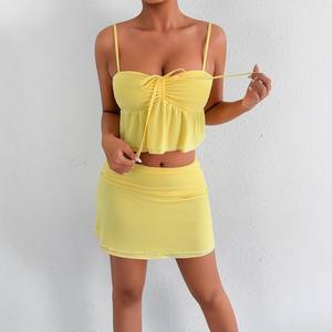 Sexy verano 2 piezas Mini vestido conjunto 2025 sólido Correa Top cintura alta faldas trajes Bodycon mujeres fiesta vestido ajustado traje - Product Image 1