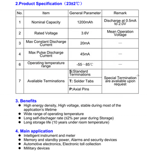 ER14250 3.6V 리튬 배터리 도끼 탭 LISOCI2 0.5 <span class=keywords><strong>AA</strong></span> 크기 1200mAh 단일 사용 리튬 배터리 - Product Image 5