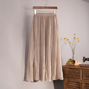 Jupes longues en lin et coton pour femmes jupes Maxi plissées à taille élastique jupes d'été de plage vente en gros - Product Image 5