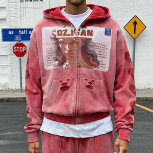 Sudaderas con cremallera de algodón de primavera personalizadas, sudaderas con capucha de felpa francesa unisex, ropa de calle desgastada, sudadera con cremallera y lavado ácido - Product Image 2