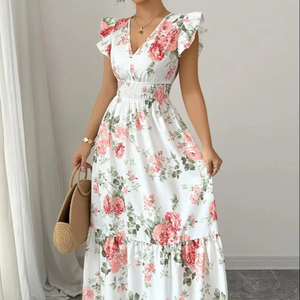 Summer Breathable Elegant Temperament Casual/Formal Commuting Ladies Sleeveless V-neck Floral Print Hem Ruffle Natural Waist - Product Image 1