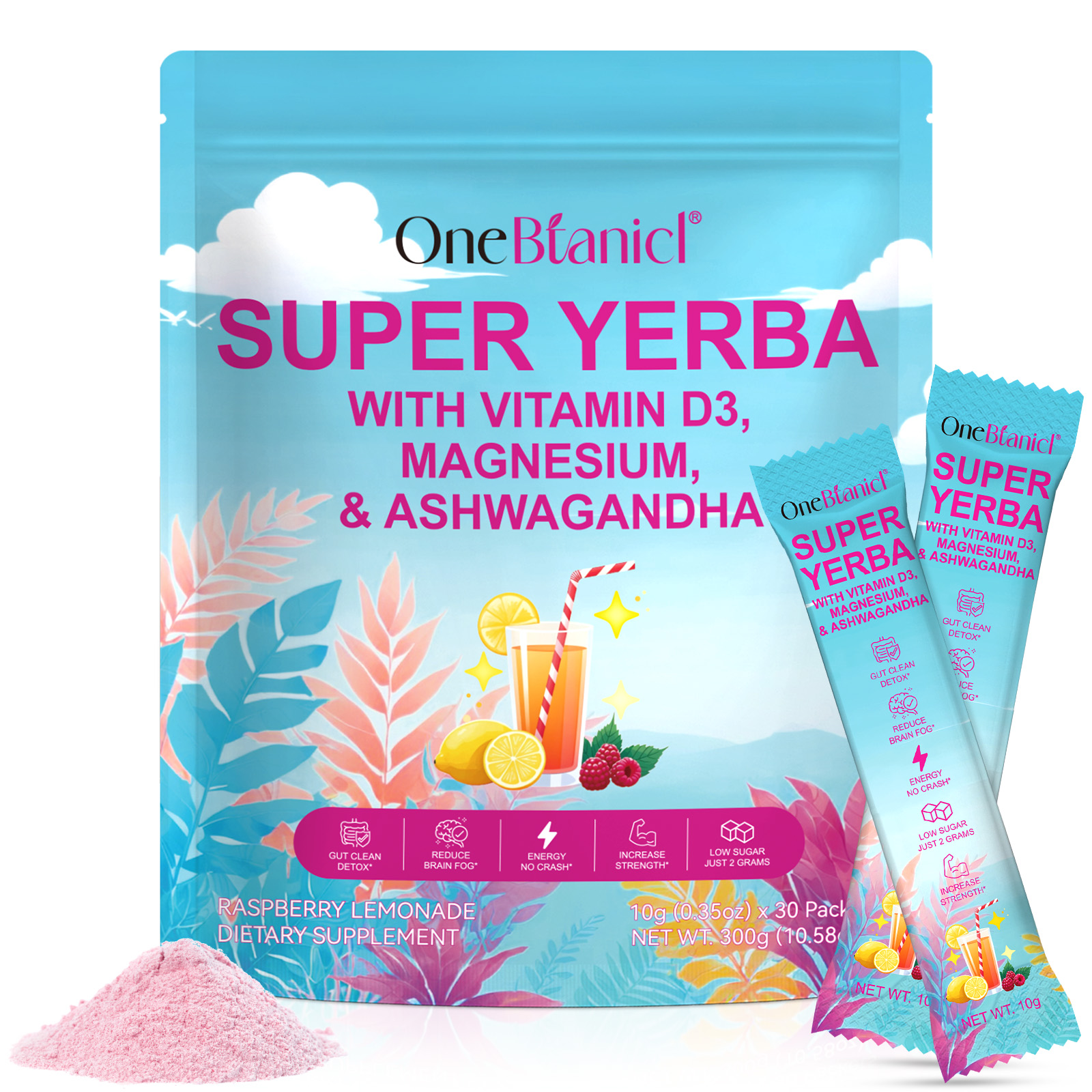 Порошок для мгновенного чая OneBtanicl Super Yerba Mate, порошок с экстрактом Yerba Mate, с витамином D3, магнием и Ашвагандха