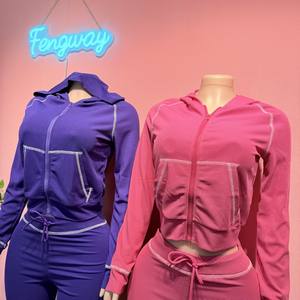 Tuta da donna in maglia Waffle 2 pezzi Set top Crop personalizzati pantaloni lunghi con cappuccio Set Set da Jogger in due pezzi - Product Image 6