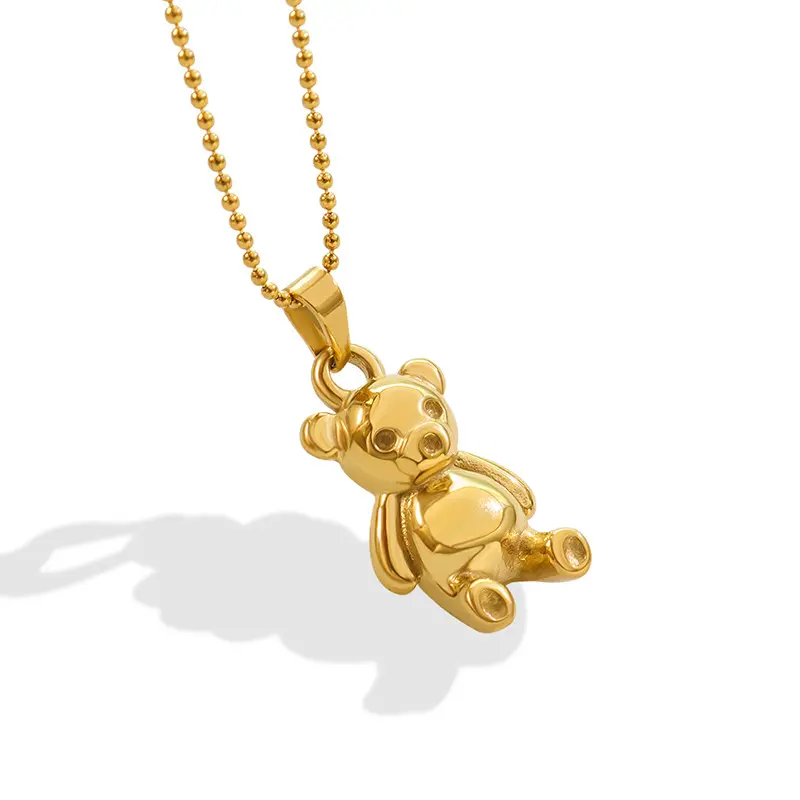 Simple Stainless Steel 18k Gold Plated Sweet Bear Pendant Necklace Titanium Steel 3d Bear Choker Necklaces