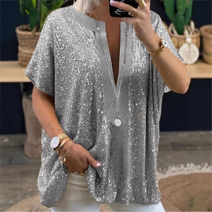 Camisa de Manga Corta con Cuello en V y Lentejuelas, Color Dorado y Plateado, Blusa de Fiesta, Top Informal Holgado para Mujer, Tela de Poliéster - Product Image 2