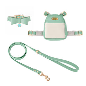 Kekang lucu dengan ransel kulit polos, Set kerah dan tali anjing peliharaan kecil aksesori berjalan - Product Image 5