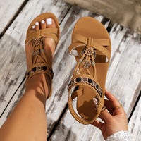 Sandales plates de plage à bout ouvert pour femmes, style fleuri et strass, grandes tailles, pour l'export.