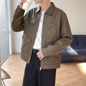 Blouson Bomber Homme en Similicuir PU et Polyester Lavé de Qualité Supérieure, Style Moto Cargo Décontracté, Coupe Boxy, avec Fermeture Éclair, Col Montant à Lettres, Printemps - Product Image 3
