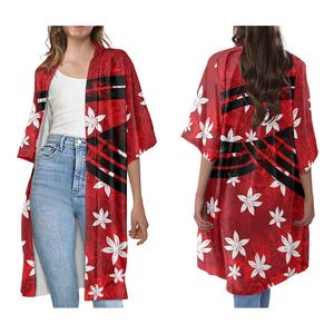 Cardigan d'été à manches courtes pour femmes, vêtements inspirés de styliste, <span class=keywords><strong>Trench</strong></span>-Coat personnalisé imprimé Tiare <span class=keywords><strong>rouge</strong></span> hawaïen Tribal polynémien - Product Image 1