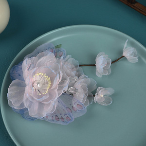 New original design, handmade gradient pink peony hot-stamped <b>flower</b>, forest-style <b>sweet</b> butterfly hair clip, Hanfu headdress. - Product Image 2