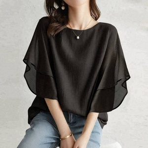 Camicetta <span class=keywords><strong>Nera</strong></span> da <span class=keywords><strong>Donna</strong></span> con Scollo a Barca, Maniche a Balze Stratificate e Volant, Tunica Ampia e Fluida, Top Casual Estivo per Tutti i Giorni, Camicia da <span class=keywords><strong>Donna</strong></span> - Product Image 1