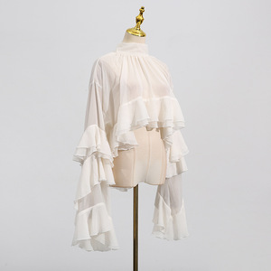 OUDINA Nueva Camisa de Gasa con Volantes y Capas, Manga Larga, Estilo Casual Irregular, <span class=keywords><strong>Blusas</strong></span> Elegantes para Mujer - Product Image 3