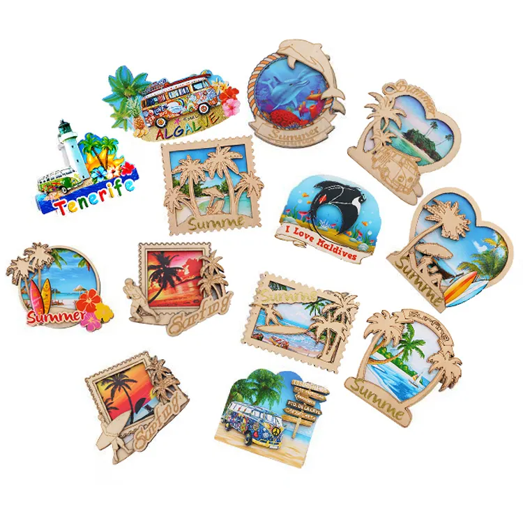 Produsen Sandal Kura-kura Hewan Pesanan Khusus Pulau Laut Pantai MDF Kayu 3D Souvenir Magnet Kulkas Kayu