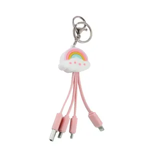 Nuevo personalizado Pvc Rainbow Cloud Shape Multi Phone Charger Cable Llavero Tipo C Usb 3 en 1 Cable