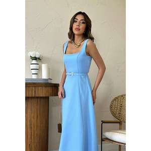 Robe de bal longue en satin bleu ciel avec ceinture, vente en gros - Product Image 3