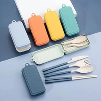 Juego de vajilla respetuoso con el medio ambiente, cuchillo portátil, tenedor, cuchara, palillos, juego de cubiertos de trigo de viaje con caja, 4 Uds.
