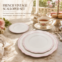 Service de vaisselle en porcelaine vintage rose à bord festonné, assiettes en céramique pour hôtels de luxe, banquets de mariage, location en gros
