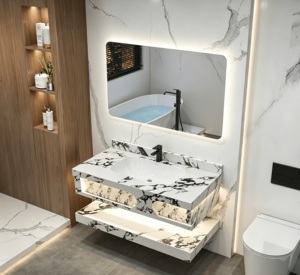 Lussuoso Set Moderno per Bagno con Lavabo Sospeso in Pietra Sinterizzata Calacatta Bianca, Texture Ruvida, LED e Installazione Sottopiano Senza Giunture - Product Image 3