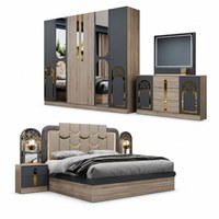 Ensemble de meubles de chambre à coucher modernes, lit king size capitonné avec armoire, commode, miroir, table de chevet, accents dorés