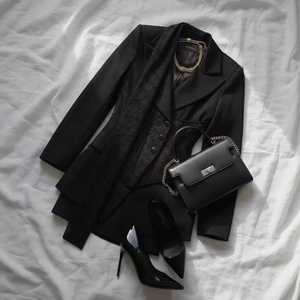 Ensemble tailleur élégant D&M pour femme, nouvelle collection Printemps 2026, col licou, patchwork dentelle, polyester anti-plis, manches longues, longueur au-dessus du genou - Product Image 3