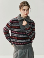 Pull en cachemire et laine élégant pour femme, automne-hiver, col rabattu, fermeture éclair, jacquard, polyvalent