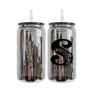 Paquete de 50 latas de refresco de metal reciclables de 16 oz con acabado negro espejado, con tapa y pajita, para vinilos y envolturas UV DTF, desde almacén de EE. UU. - Product Image 1