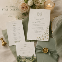 Suite d'invitations de mariage personnalisées en aquarelle toscane avec bordure festonnée, monogramme, et enveloppe vert sauge