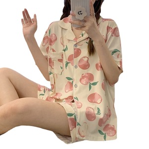 Conjunto de Pijama de Verano <span class=keywords><strong>para</strong></span> Mujer, Estilo Dulce con Estampado de Durazno, Manga Corta y Pantalones Largos, <span class=keywords><strong>Ropa</strong></span> de Dormir de Tres Piezas - Product Image 2