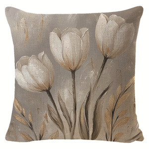 Funda de almohada de lino con estampado de tulipanes y plumas de mariposa, funda de cojín decorativa vintage cuadrada para sala de estar y sofá - Product Image 3