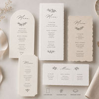 Cartes de menu de mariage personnalisées minimalistes avec des illustrations florales dessinées à la main, papier de qualité supérieure à bords festonnés élégants