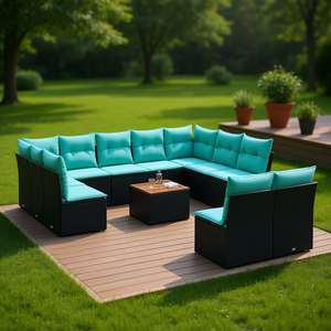 Set Divano da Esterno in Polyrattan Nero con Cuscini, 12 Pezzi, Arredamento da Giardino Stile Contemporaneo, Posti a Sedere per 10+ Persone - Product Image 2