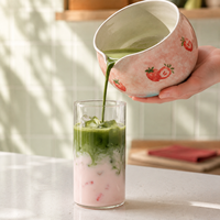 Ensemble de bols à matcha en céramique rose motif fraise avec bec verseur et support pour fouet – Adorable bol à matcha en céramique