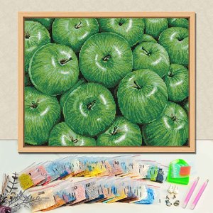 Kit de broderie diamant DIY avec cadre, motif Pommes Vertes, perles rondes, style nature morte rectangulaire - Product Image 1
