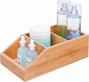 Customized Bamboo Wood Compact Bathroom Storage Organizer Bin Box,3 Divided Sections Cabinets, Shelves
