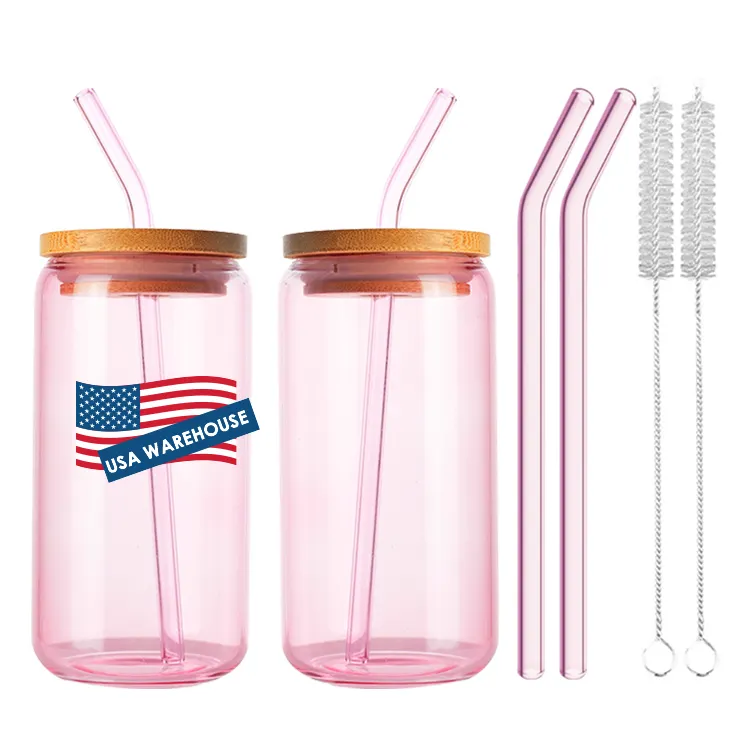 USA Warehouse 500ml Pink Clear 16oz Sublimation Beer Can Shaped Glass Cup Tumbler with Bamboo Lid and Pink Straw