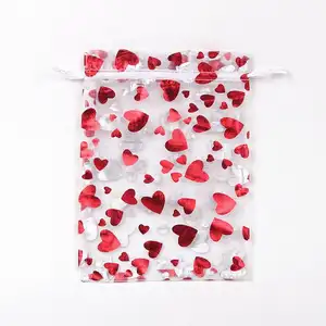 Wholesale Loving Heart Promotion Organza Drawstring Gift Bag Sweet Heart Transparent Mesh Small Candy Bag Mesh Bag with Ribbon