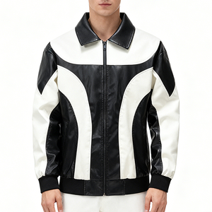 <span class=keywords><strong>Veste</strong></span> en cuir PU vintage à col à revers et fermeture éclair, style streetwear personnalisé, couleur contrastée, pour homme - Product Image 1