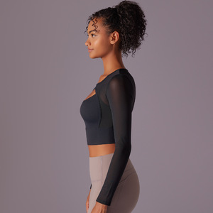 Women's Cross-Border Translucent Mesh Sexy Yoga <b>Top</b> Long-Sleeved <b>Tight</b> Stretch Fitness Sports Clothing with Double Stitching - Product Image 2