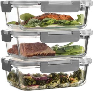 1040ML BPA Free High Borosilicate Leakproof Mircrowaveable Glass Food Storage Container Set With Innovation Hinged Lid