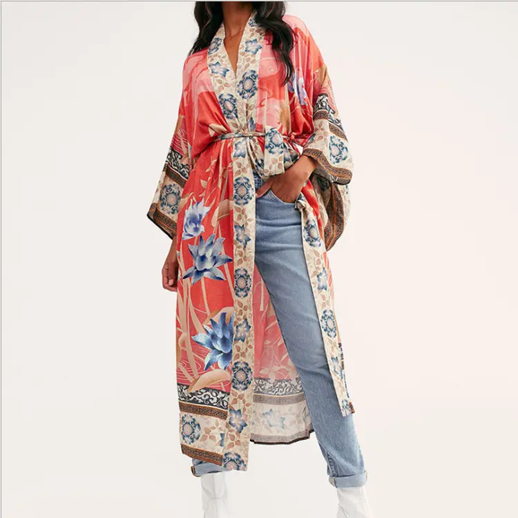 Kimono Beach 2021 Blumen druck Lange Strickjacke Sommer Frauen tragen Bikini Wrap Beach Kimono Cover Up Kleid