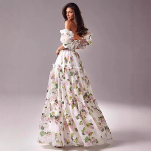 Vestido de Noche de Organza con Estampado Floral y Hombros Descubiertos, Falda Larga, Cintura Imperio, Capa Transparente, Vestido Formal para Mujer - Product Image 3
