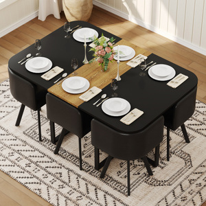 ชุดโต๊ะรับประทานอาหารสไตล์โมเดิร์น 7 ชิ้น พร้อมเก้าอี้หนัง PU สีดำ 6 ตัว เฟอร์นิเจอร์รับประทานอาหารที่เป็นมิตรกับสิ่งแวดล้อมและทนทานสำหรับพื้นที่ขนาดเล็ก - Product Image 3