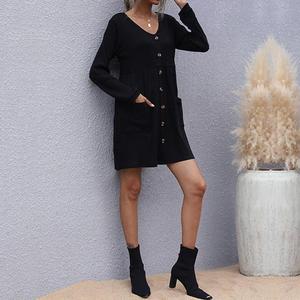 Maßgeschneidertes V-Ausschnitt-Knopfleisten-Skaterkleid Elegantes Frühlings-Casual-Midikleid für Partys Langärmliges Herbst-Damenkleid mit Taschen - Product Image 2